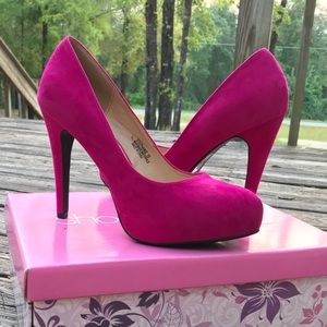 Pink suede platform heels
